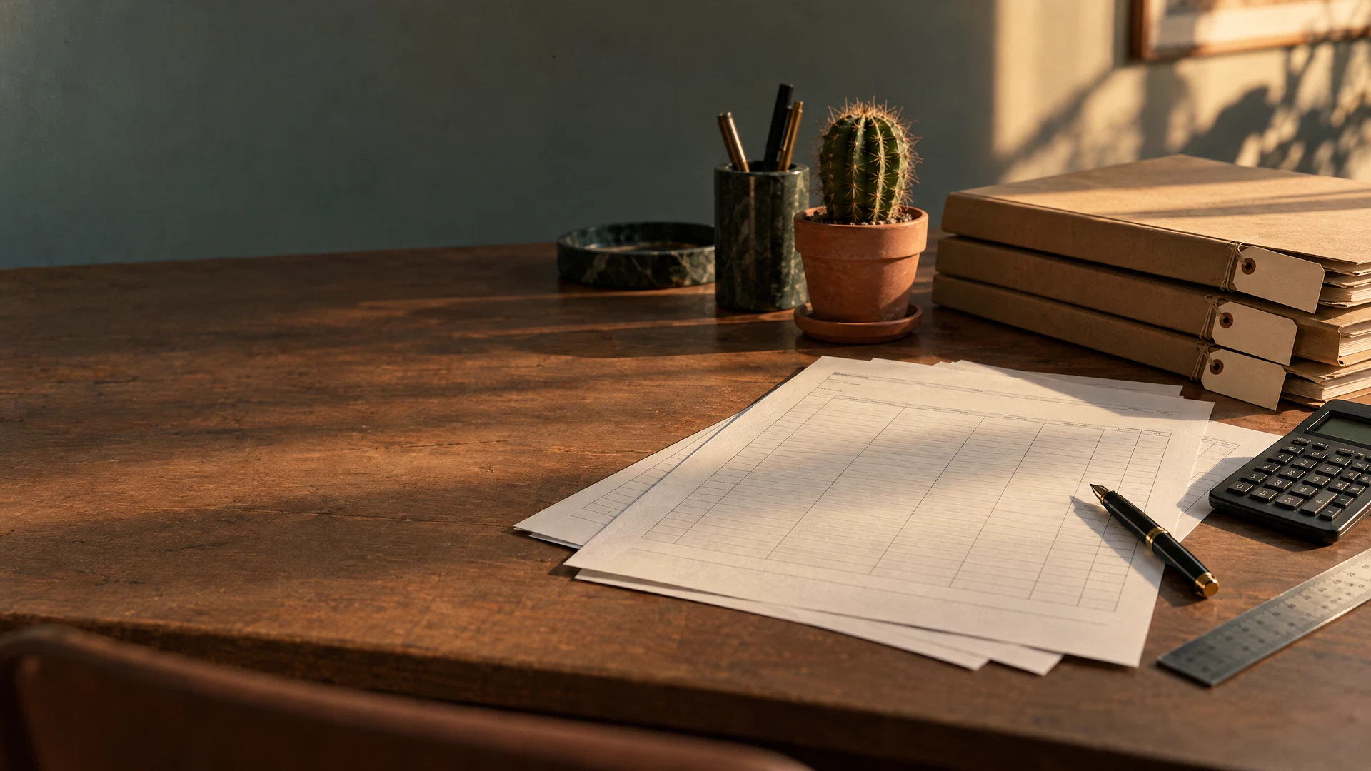 Escritorio de trabajo con informes de gestión impresos, calculadora, regla y carpetas de contratos bajo luz cálida de desierto